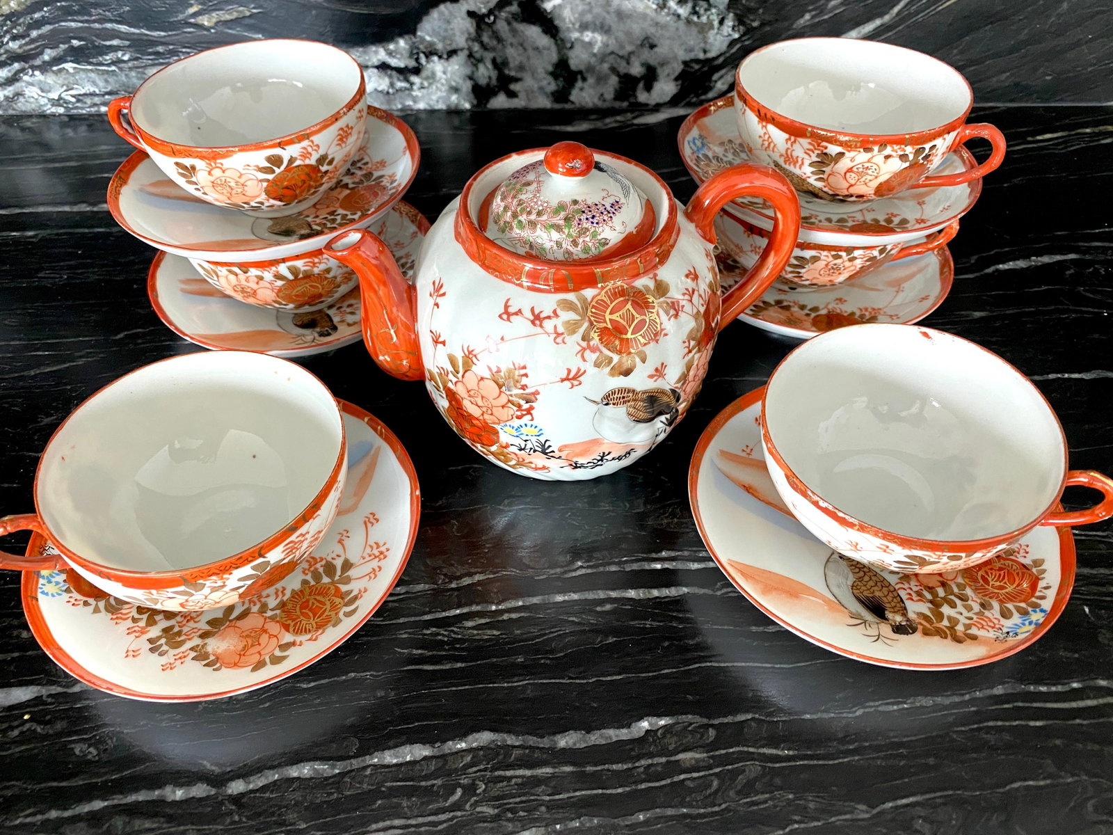 Antique Handpainted Porcelain tea set 14 pcs.: Title: Antique Handpainted Porcelain tea set 14 pcs. Maker:Unknown Origin: Unknown Date/Period:Porcelain Materials:Porcelain Size:130.0 mm Diameter platesTeapot: 170 x 120 x 130 mmCup: 57.0 x 100 x