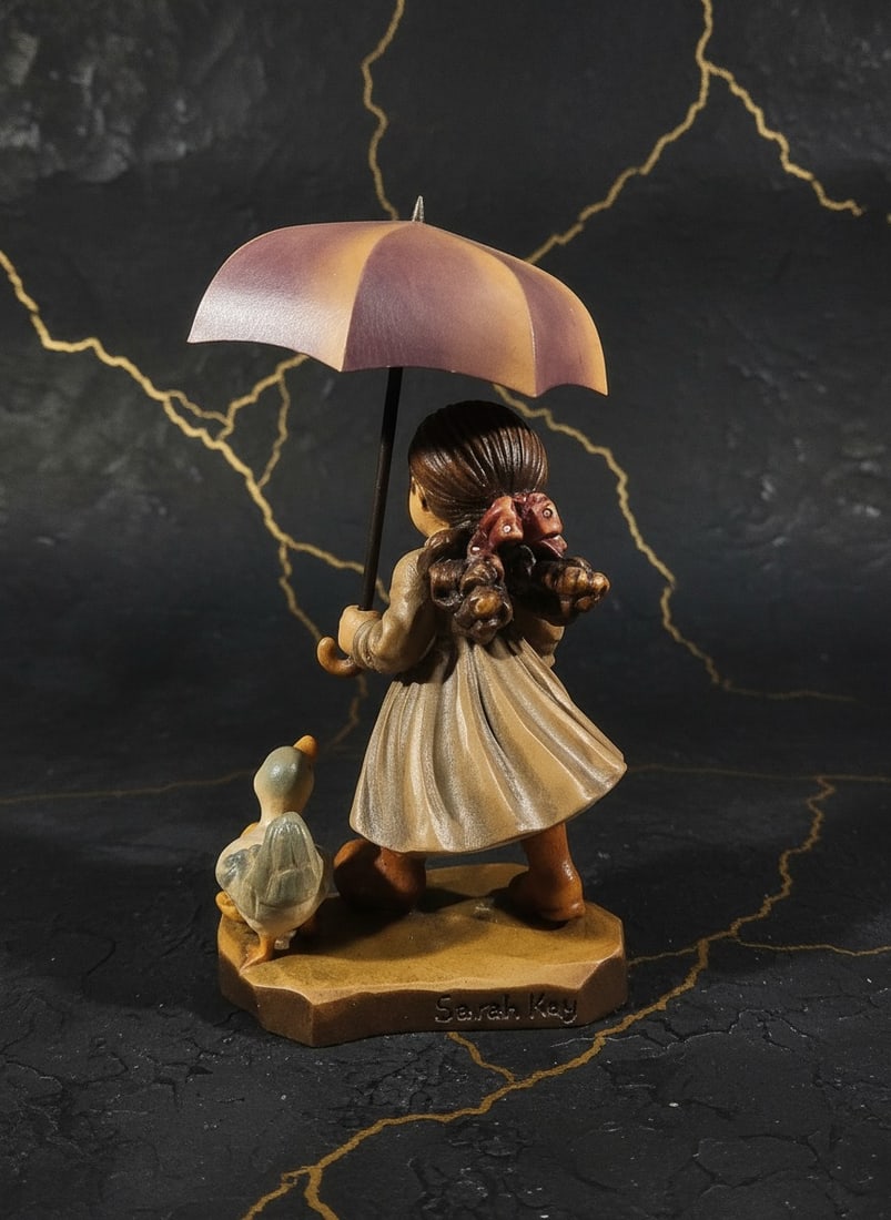 Vintage Hand Carved Wood Figurine Girl with Ducks and Umbrella 5" Italy - 3