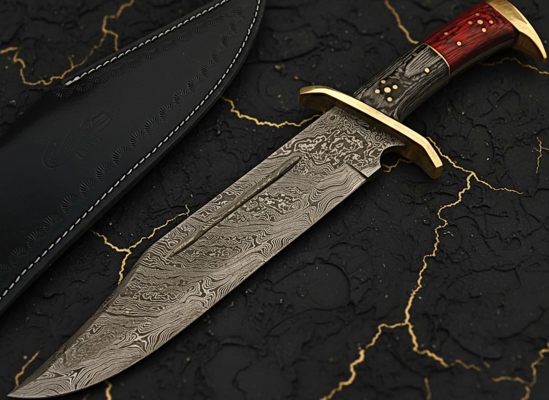 Handcrafted Damascus Steel Bowie Knife Frost Wood Handle Fixed Blade: Title:Handcrafted Damascus Steel Bowie Knife Frost Wood Handle Fixed Blade Description:This custom-made Damascus steel Rattler Bowie knife features a blade forged from multiple layers of 15N20 and 109