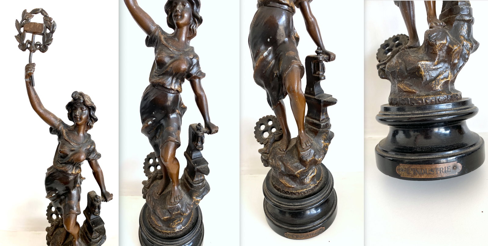 Antique spelter figure of girl - l' industrie - with brass plaque and bronze finish - 7