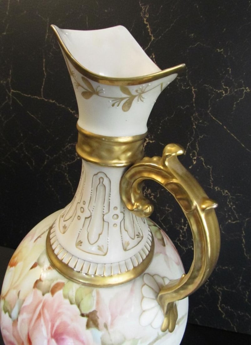 Ornate Victorian Porcelain Pitcher 13" Hand Painted Pastel Floral Vase Gold Handle - 4