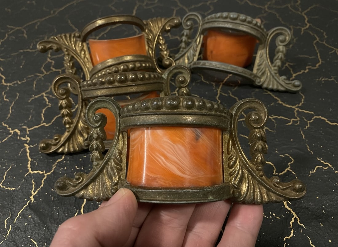 1920s Antique Art Deco Carnival Glass and Celluloid Ornate Drawer Pulls Pair - 2