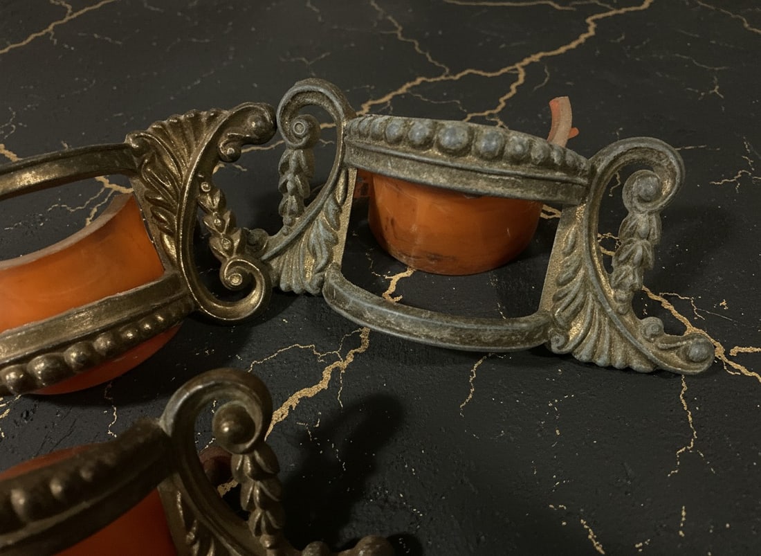 1920s Antique Art Deco Carnival Glass and Celluloid Ornate Drawer Pulls Pair - 6