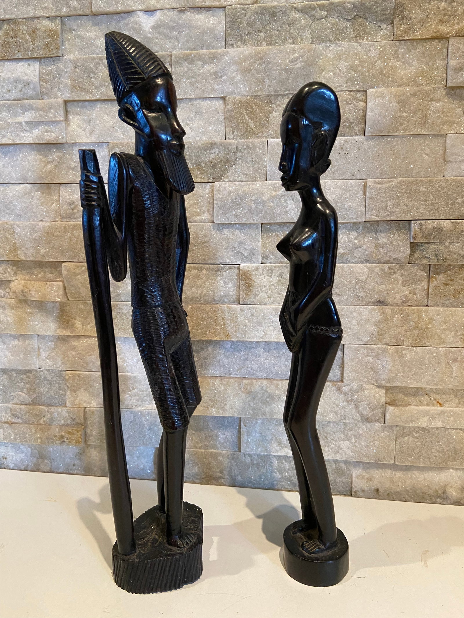 Antique Handcarved Large African Tribal Ebony Wooden Statues - Fertility Girl and Strong Man - 2