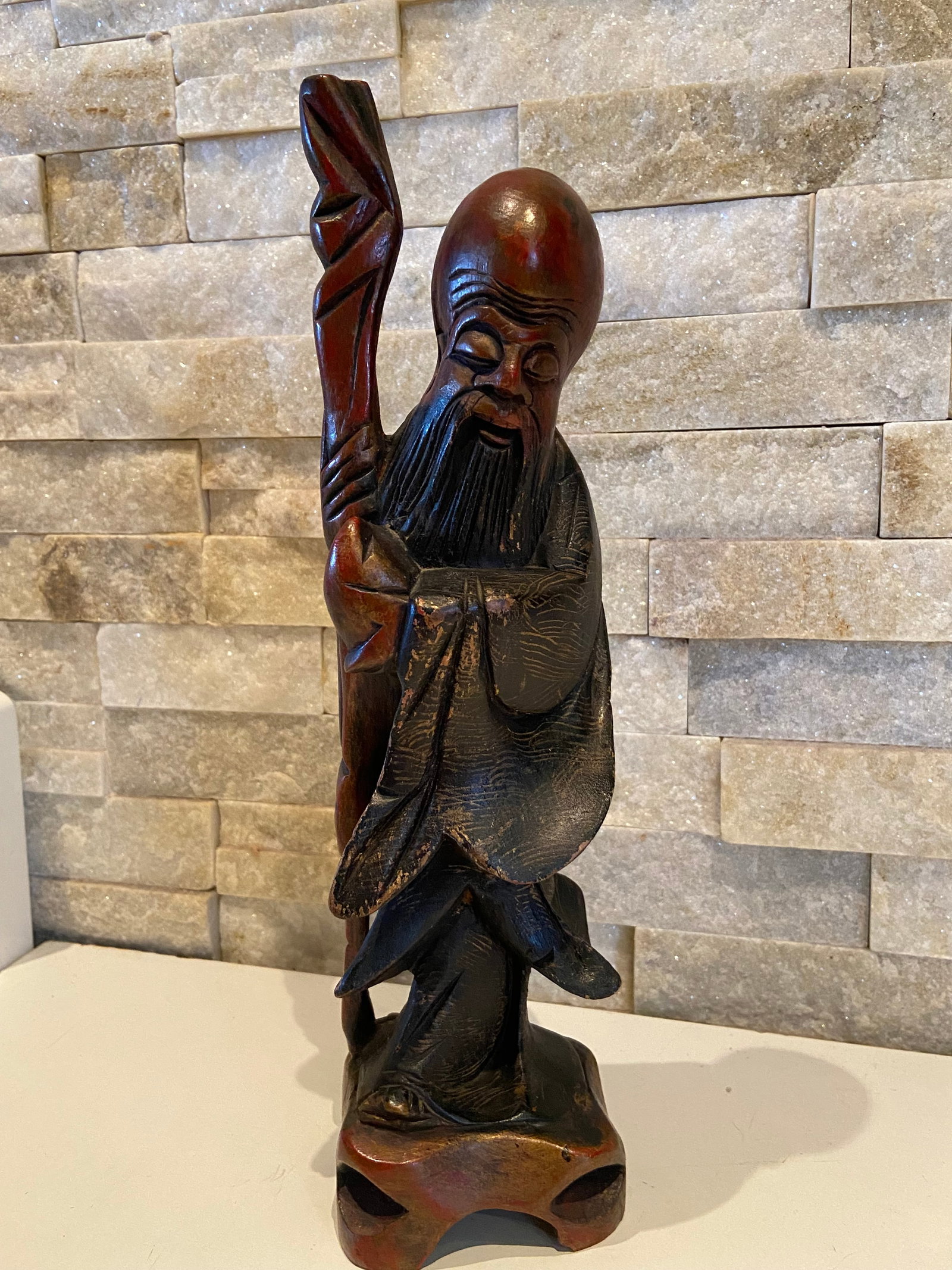 Antique Large Chinese Carved Teak Wood Shou Lao Longevity Wiseman Decorated gold Lacquer Sculpture, - 2