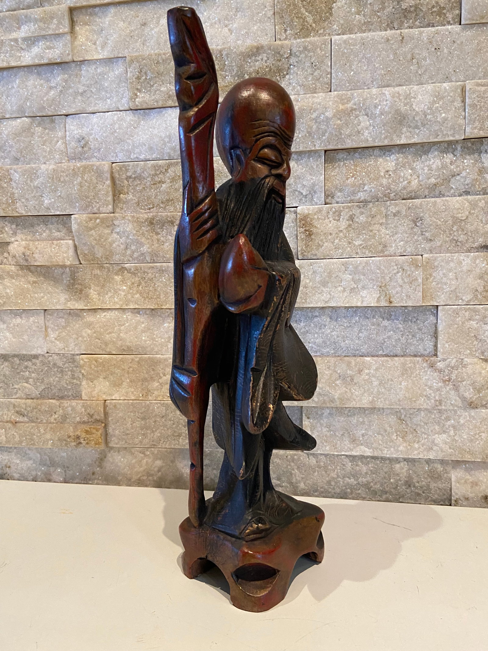 Antique Large Chinese Carved Teak Wood Shou Lao Longevity Wiseman Decorated gold Lacquer Sculpture, - 3