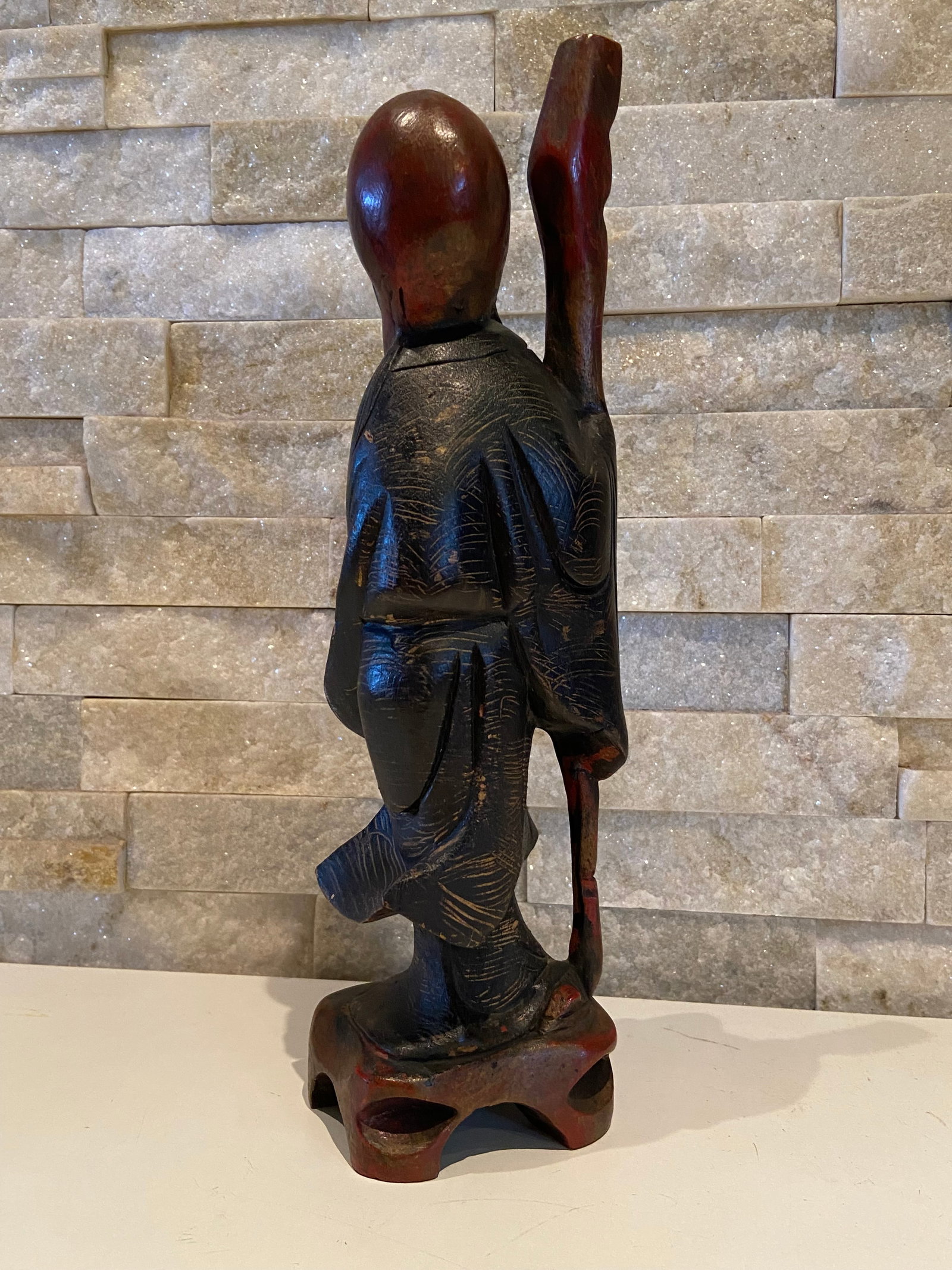 Antique Large Chinese Carved Teak Wood Shou Lao Longevity Wiseman Decorated gold Lacquer Sculpture, - 5