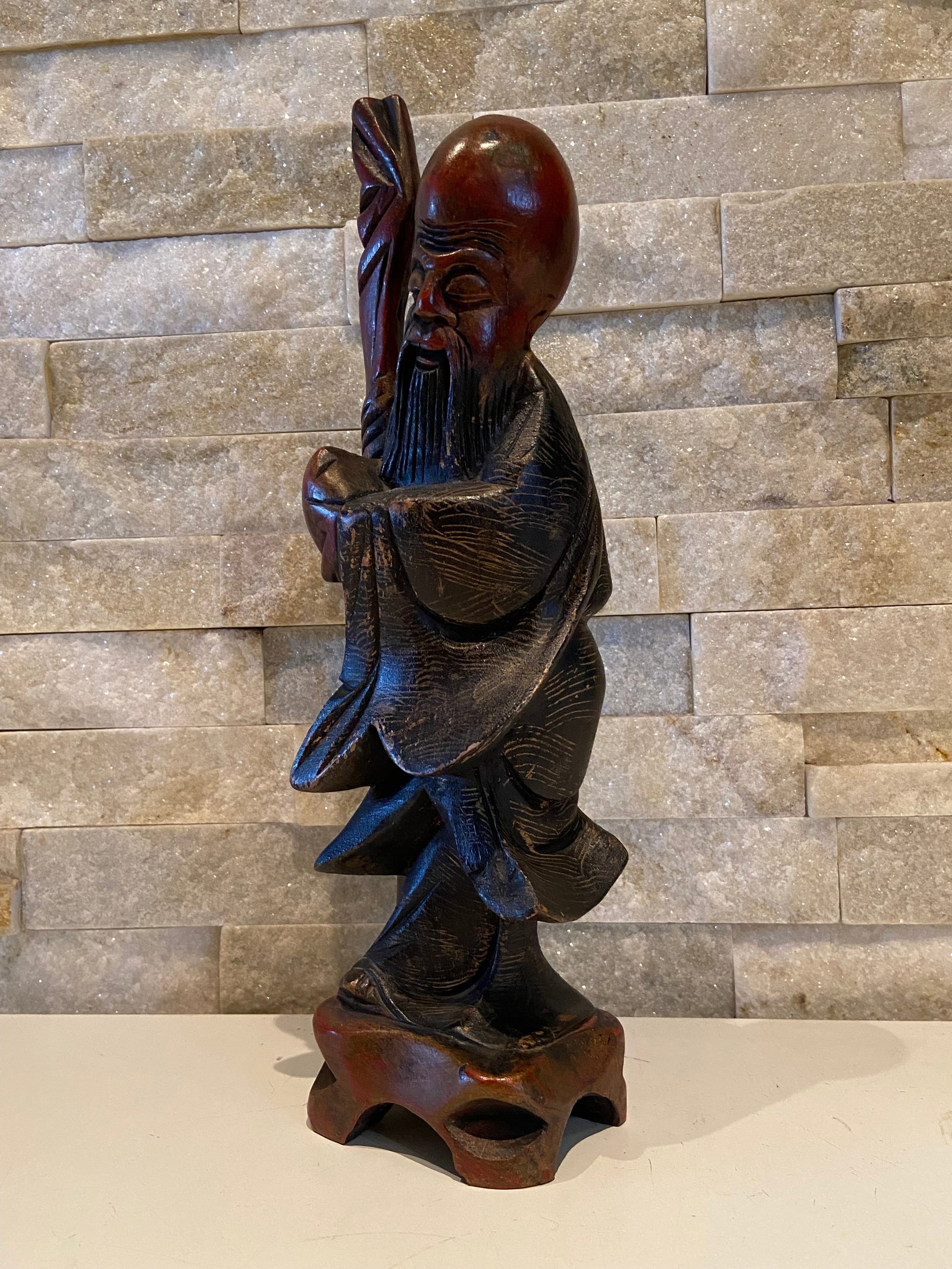 Antique Large Chinese Carved Teak Wood Shou Lao Longevity Wiseman Decorated gold Lacquer Sculpture, - 7