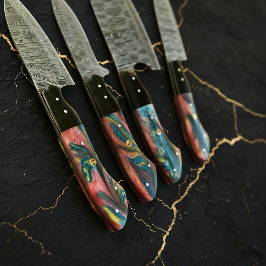 Custom Damascus Steel Kitchen Knife Set Handmade Resin Handle Chef Tools - 2