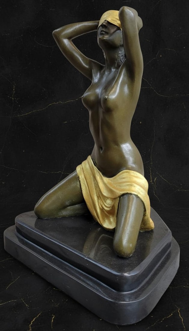 Art Deco Nude Woman Bronze Statue Signed Preiss, Gilt Sculpture on Marble Base - 2