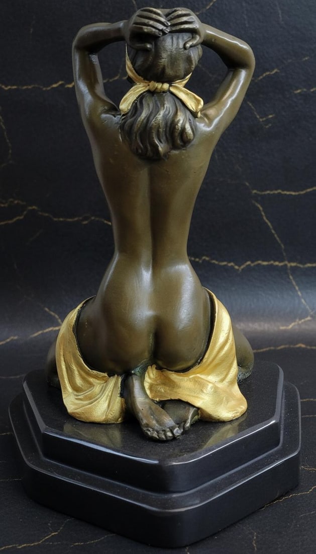 Art Deco Nude Woman Bronze Statue Signed Preiss, Gilt Sculpture on Marble Base - 4