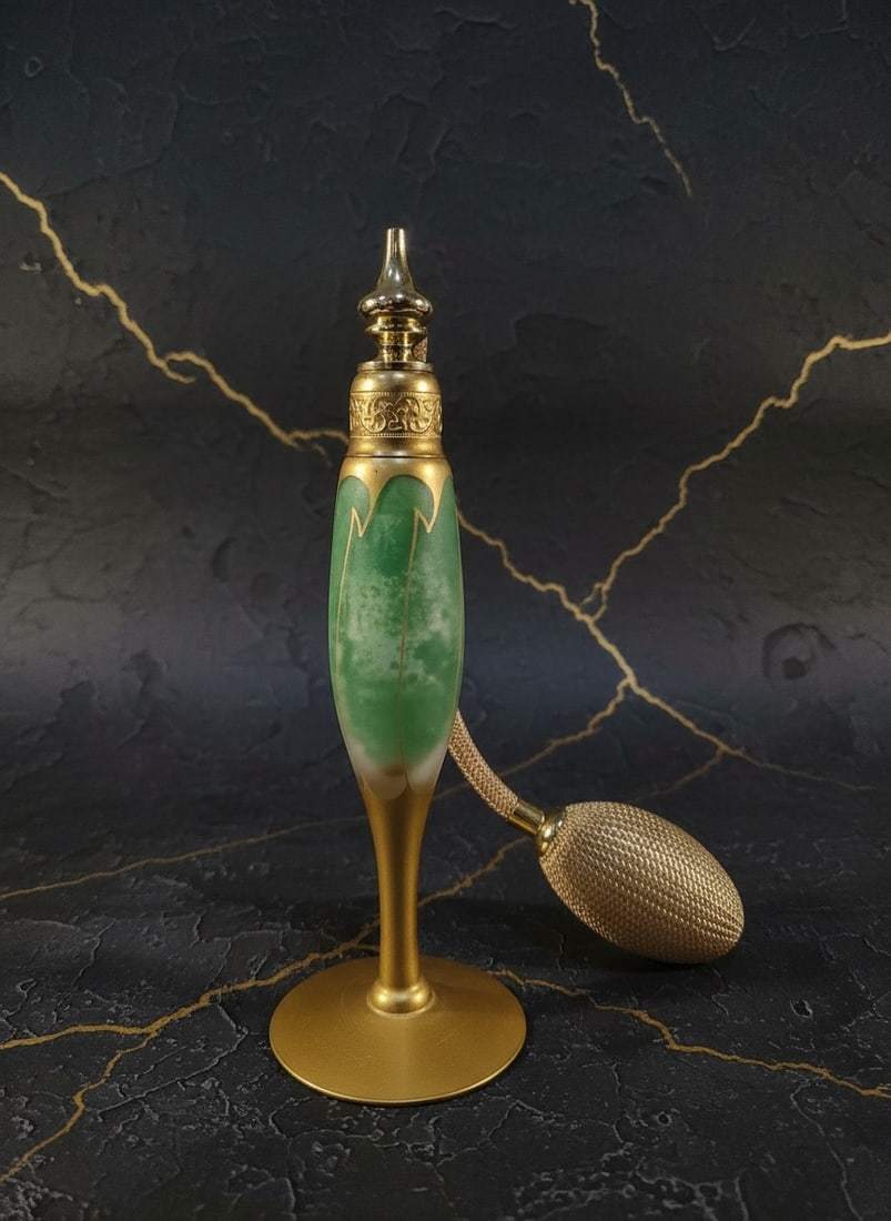 Vintage 1920s Art Deco Green Glass Perfume Atomizer Hand Painted Gold Trim - 2