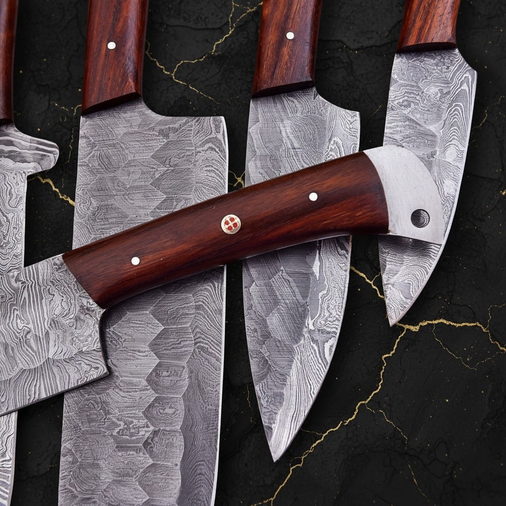 Custom Damascus Steel Chef Knife Set, Handmade Forged Kitchen Cutlery - 2