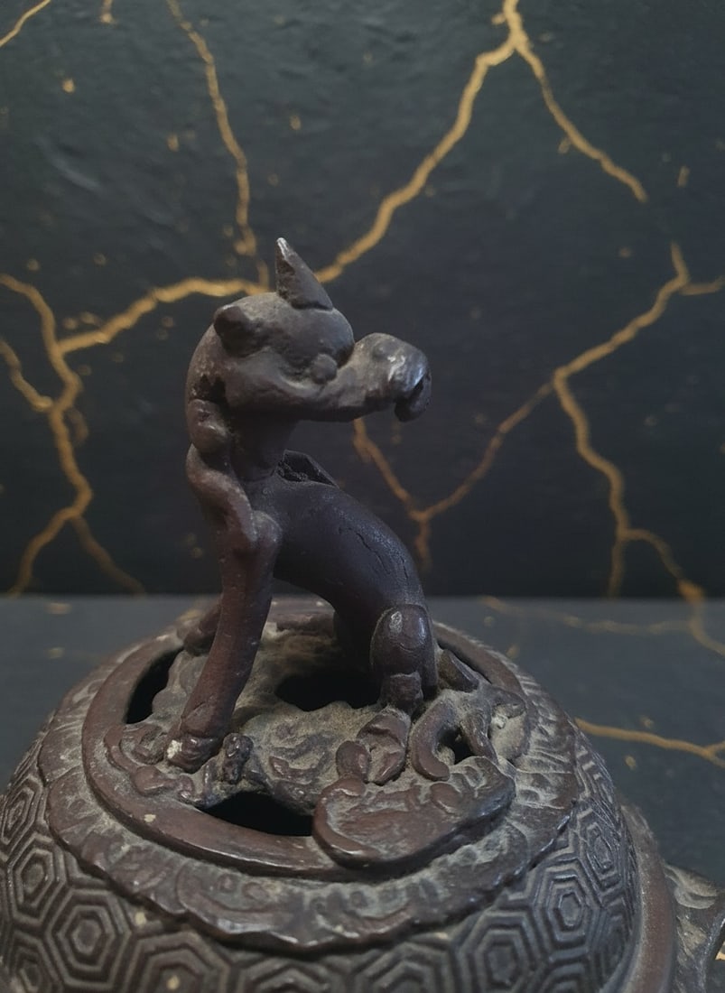 Vintage Asian Enamel Foo Dog Incense Burner Cast Metal Guardian Lion Art - 2