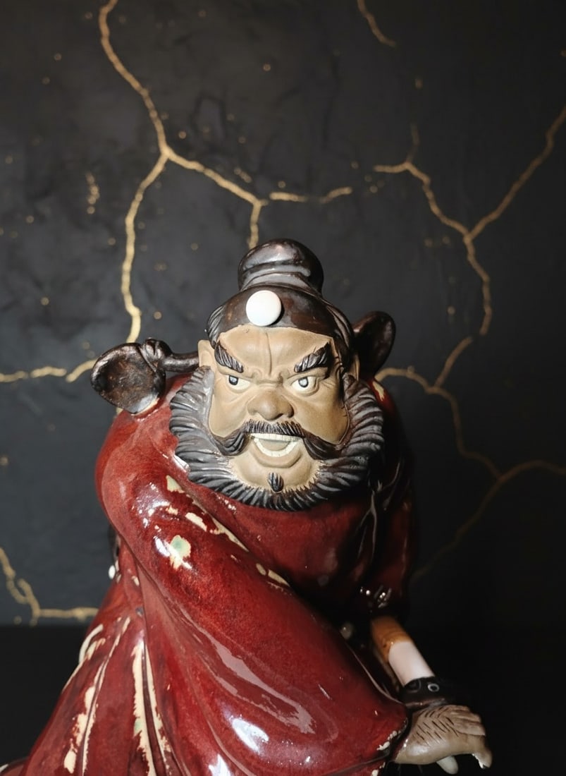 Vintage Chinese Shiwan Pottery Warrior Statue Oxblood Glazed Clay Figurine - 2