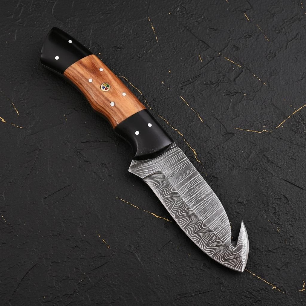Full Tang Damascus Gut Hook Skinner Knife with Sheath, Twisted Steel and Wood Handle - 2