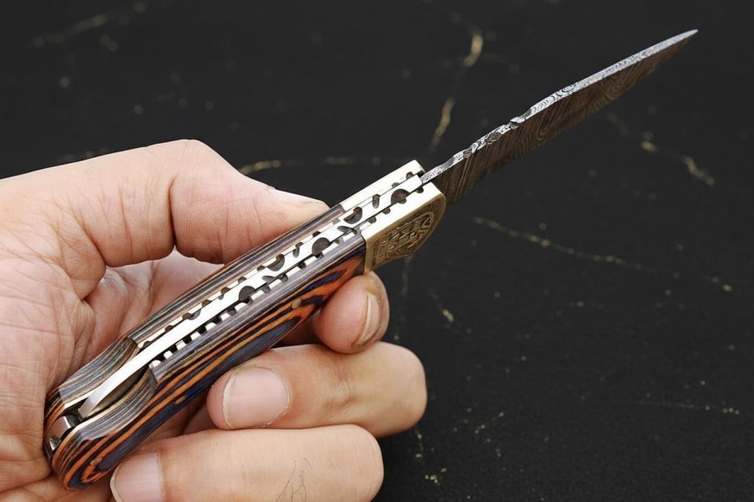 USA Handcrafted Lockback Pocket Knife with Damascus Clip Point Blade and Wood Handle - 2