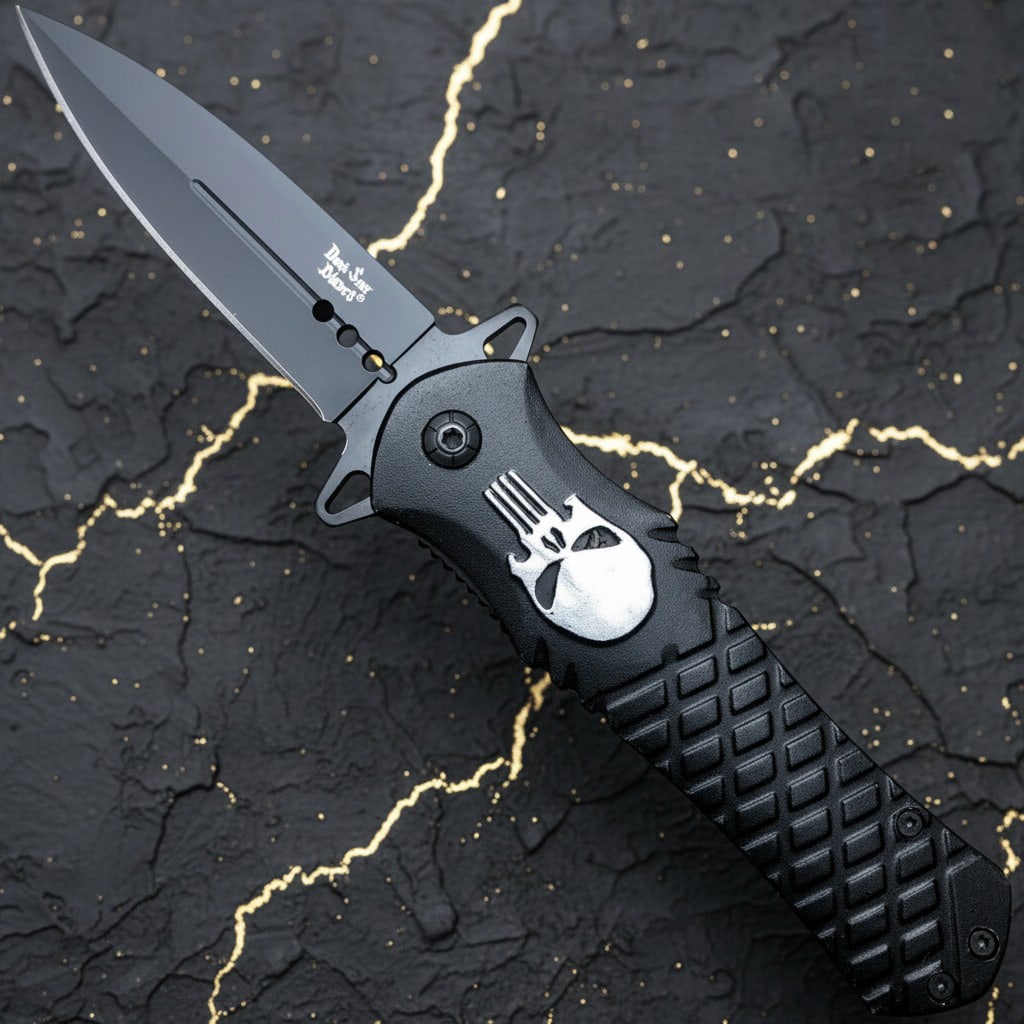 Tactical Spartan Skull Pocket Knife Black Spring Assisted Folding Blade - 3