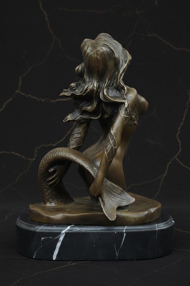 Classic Nude Mermaid Bronze Sculpture Signed Milo Western Art Statue on Marble Base - 3