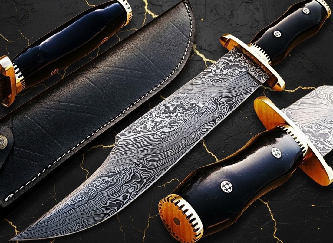 16" Hand-Forged Damascus Steel Bowie Knife, Sharp Fixed Blade Utility Tool - 2