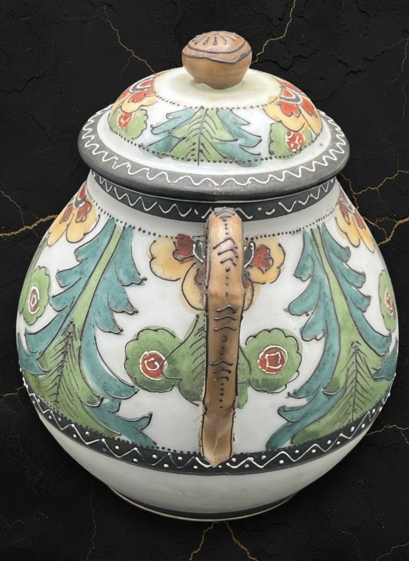 1917 Vintage Japanese Seto Moriage Sugar Bowl Lid Fine China Art Deco Ware - 5