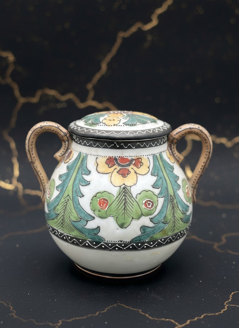 1917 Vintage Japanese Seto Moriage Sugar Bowl Lid Fine China Art Deco Ware - 7