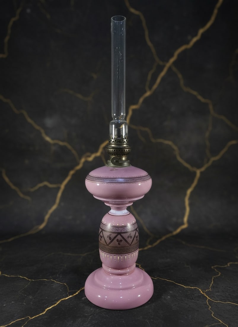 Antique European Mauve Opaline Glass Oil Lamp Hand Painted Stippled Floral - 2