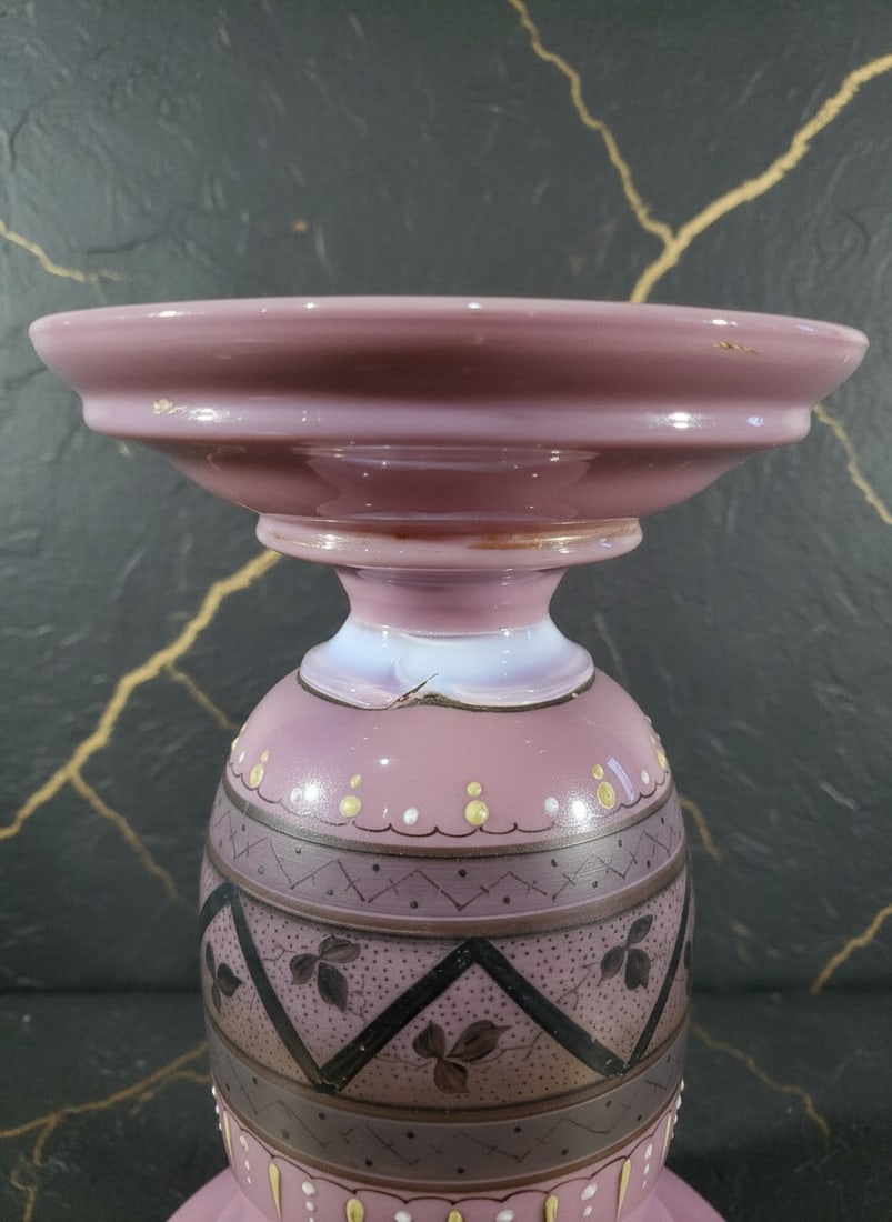 Antique European Mauve Opaline Glass Oil Lamp Hand Painted Stippled Floral - 7