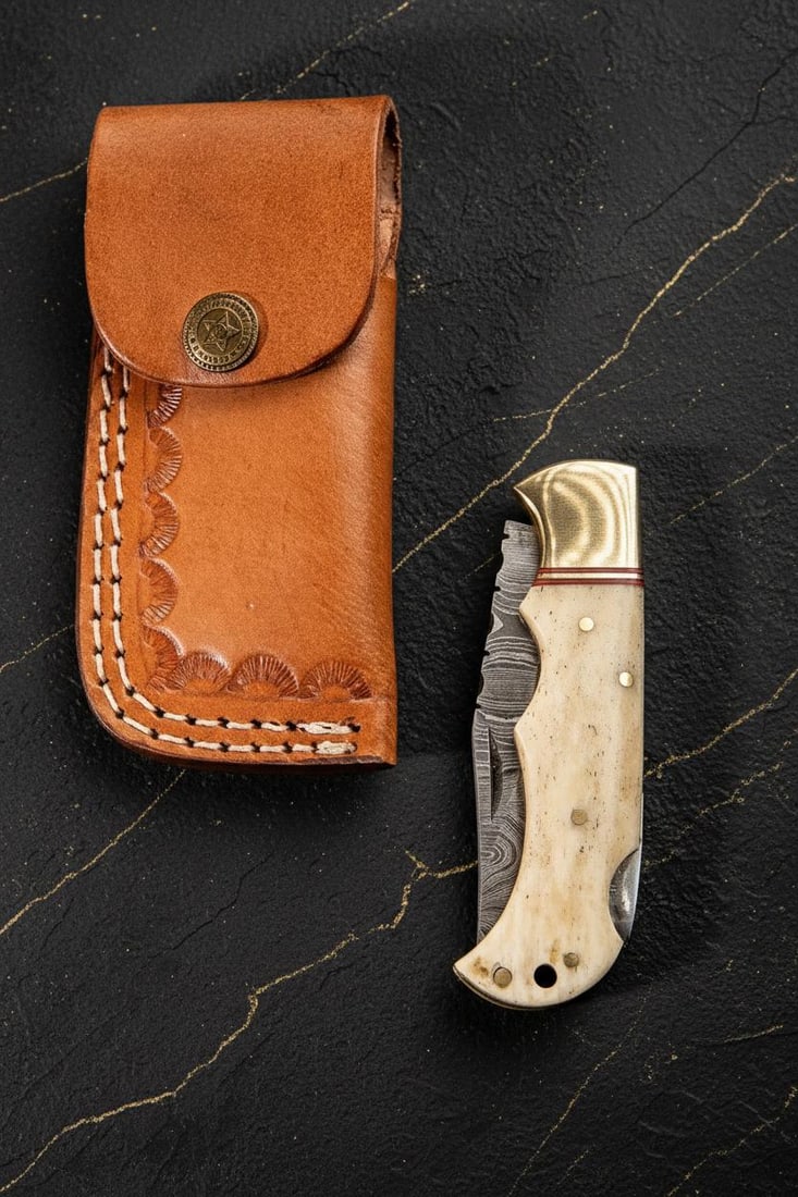 Custom Damascus Folding Pocket Knife with Ornate Camel Bone and Brass Filework - 2