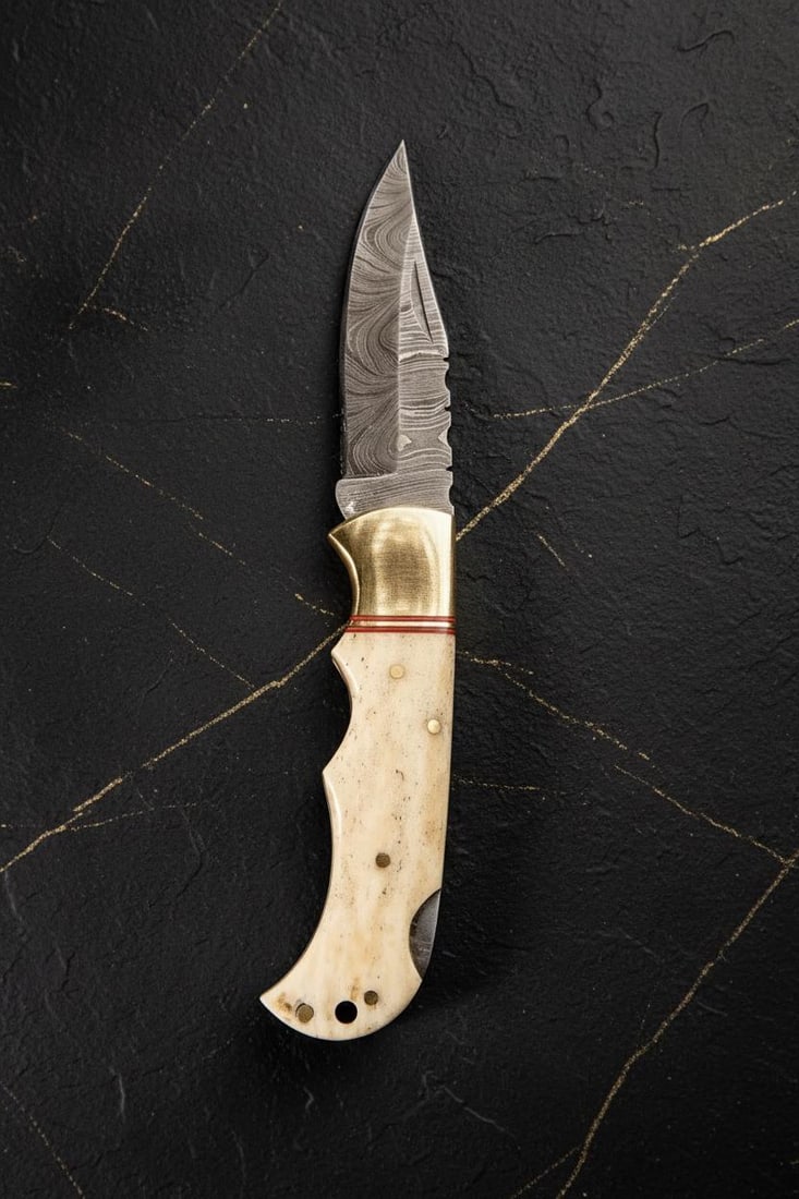 Custom Damascus Folding Pocket Knife with Ornate Camel Bone and Brass Filework - 3