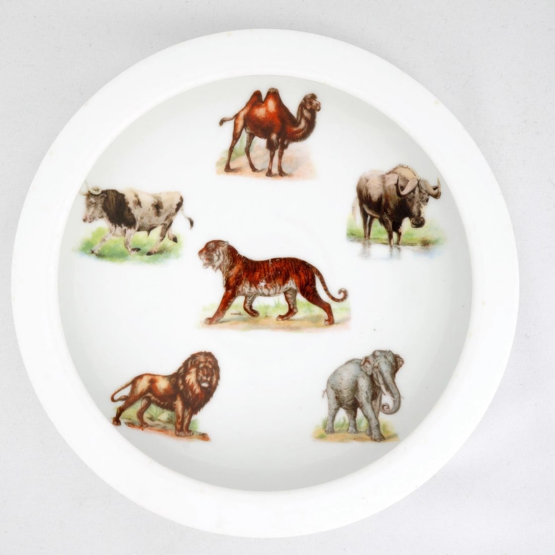Antique German Child's Dish Animals: Title:Antique German Child's Dish Animals Size:7 ½ in diameter x 1 ¼ in tall. Description:This vibrant white porcelain child’s bowl is a nostalgic journey to the zoo, featuring six