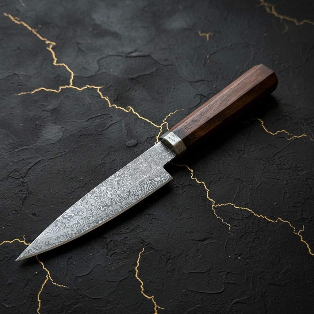 Hand Forged Damascus Petty Knife Utility Paring Blade with Leather Sheath - 2