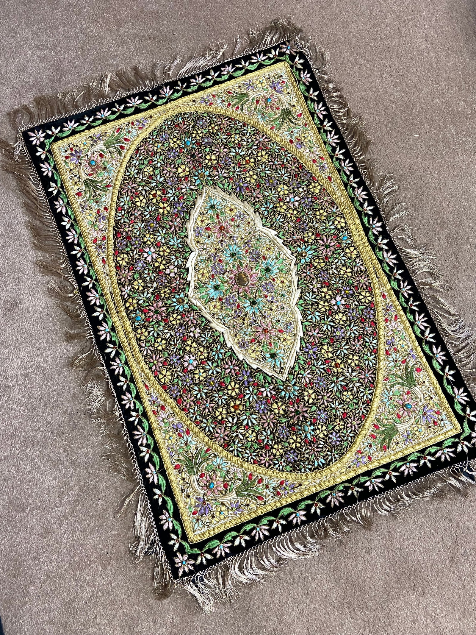 Vintage Handmade Zardozi Tapestry Gemstone Gold Thread Embroidered Jewel Carpet Wall Hanging - 2