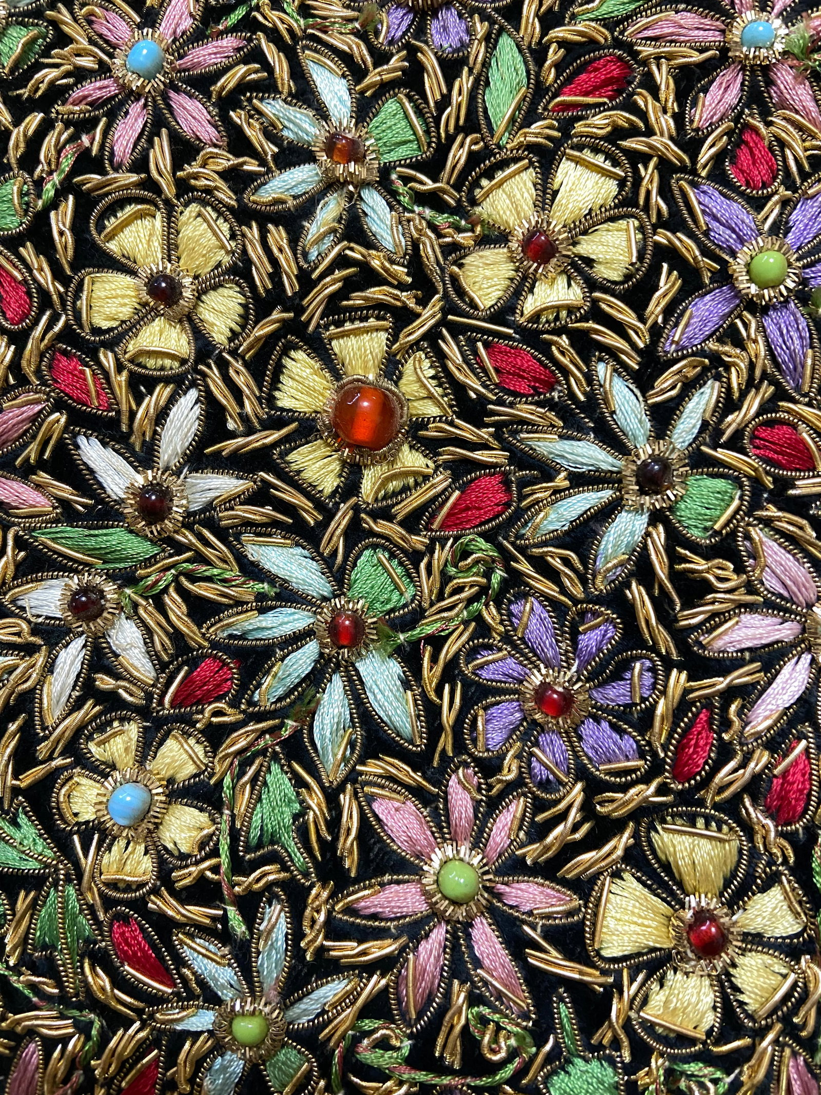 Vintage Handmade Zardozi Tapestry Gemstone Gold Thread Embroidered Jewel Carpet Wall Hanging - 7