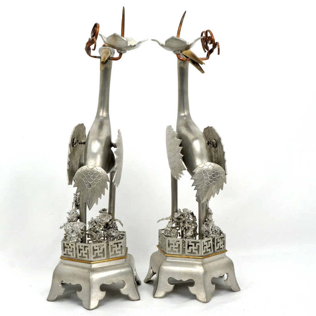 Pair Chinese Mixed-Metal Crane Candlesticks - 3