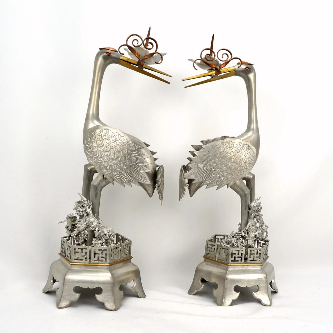 Pair Chinese Mixed-Metal Crane Candlesticks - 4