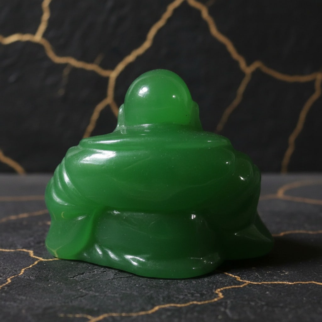 Antique Green Glass Buddha Statue Oriental Figurine Collectible Decor - 2
