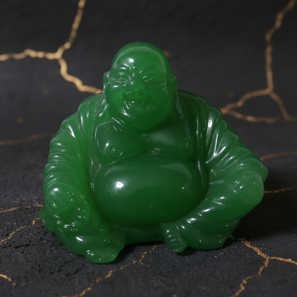 Antique Green Glass Buddha Statue Oriental Figurine Collectible Decor - 3