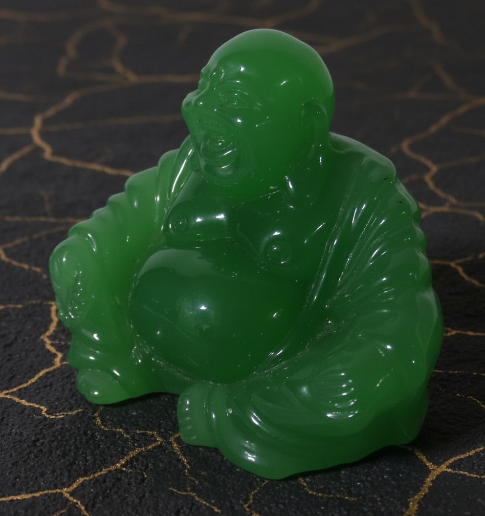 Antique Green Glass Buddha Statue Oriental Figurine Collectible Decor - 6