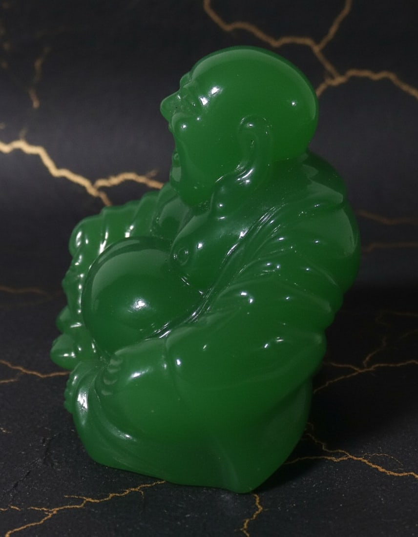 Antique Green Glass Buddha Statue Oriental Figurine Collectible Decor - 8