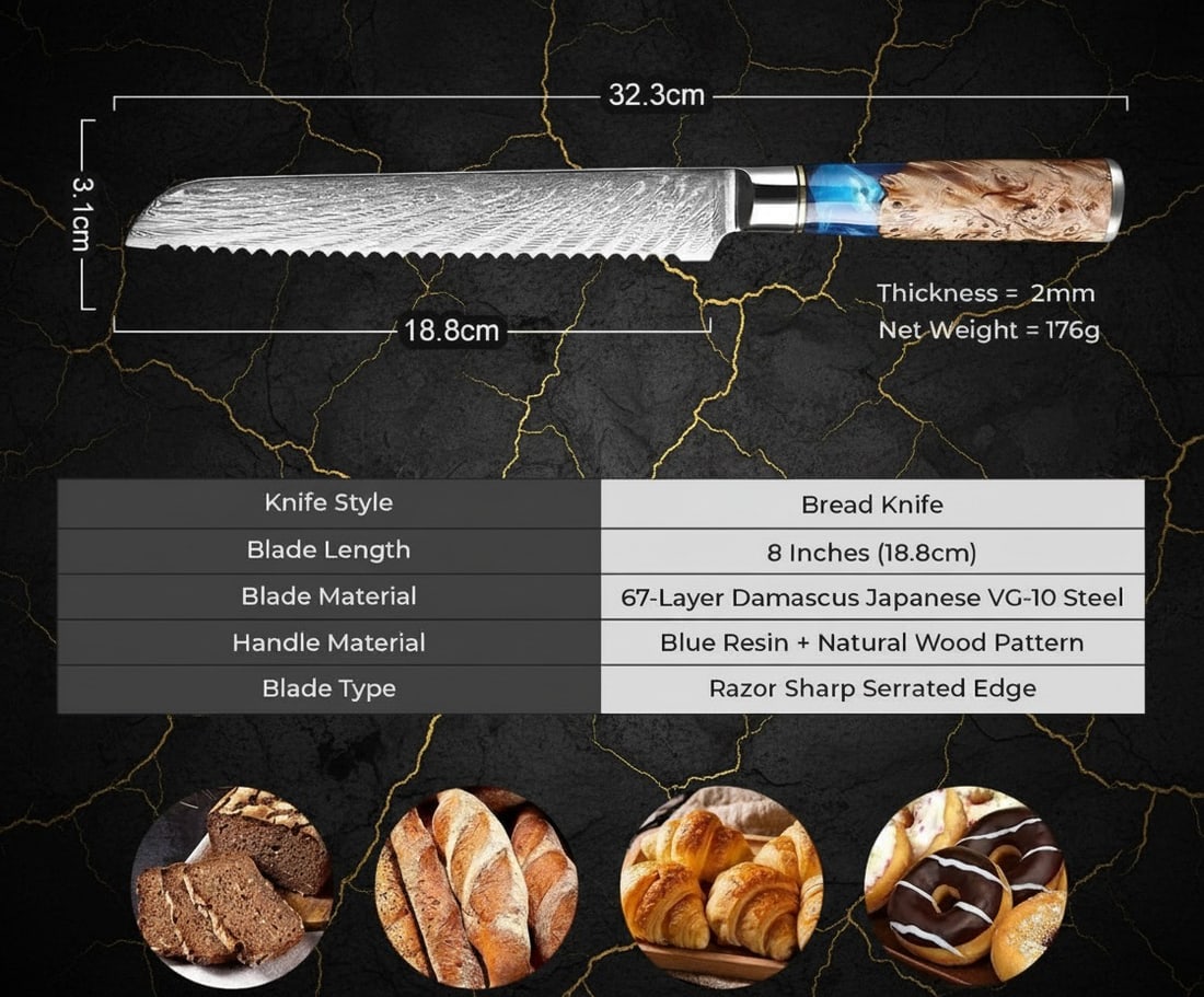 Hand-Forged Damascus Steel Serrated Bread Knife New - 3