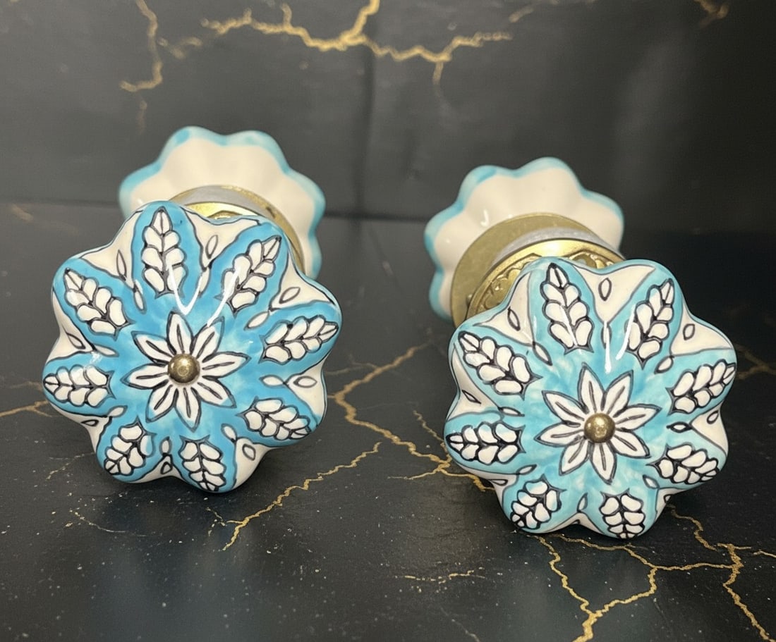 Antique Floral Porcelain Brass Door Knob Set Blue White Ceramic Hardware - 7