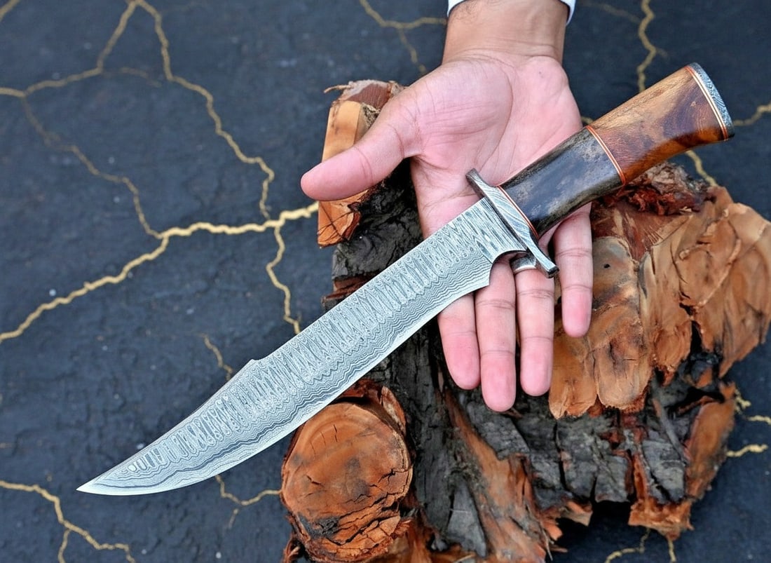 Handcrafted Damascus Steel Bowie Knife Wood Bone Handle Fixed Blade Hunting - 2