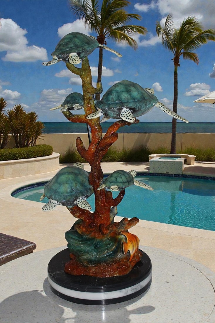 Five Sea Turtles Swimming Bronze Statue - Size: 20"L x 16"W x 30"H. - 2
