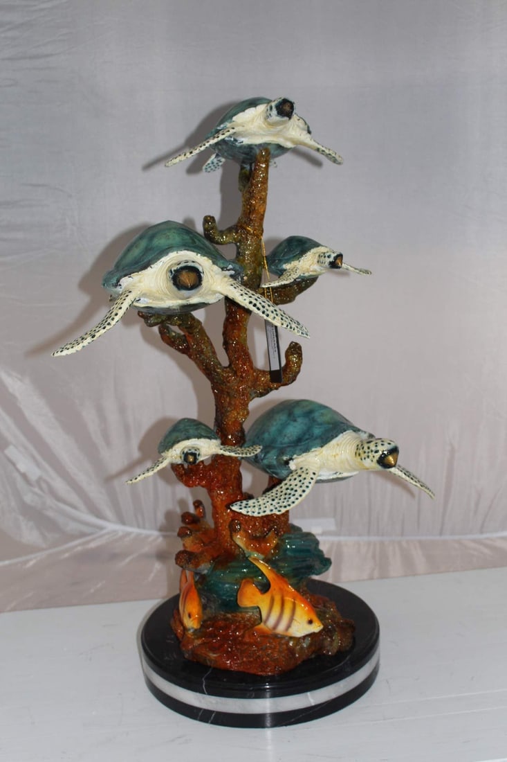 Five Sea Turtles Swimming Bronze Statue - Size: 20"L x 16"W x 30"H. - 5