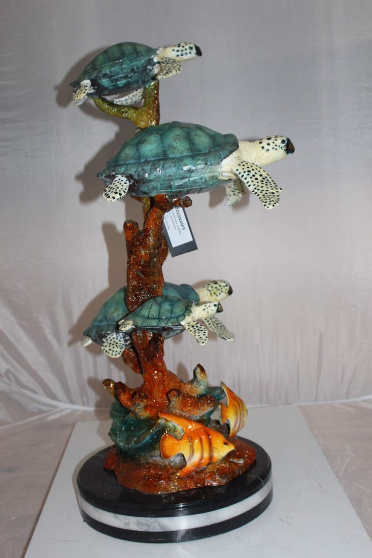 Five Sea Turtles Swimming Bronze Statue - Size: 20"L x 16"W x 30"H. - 7