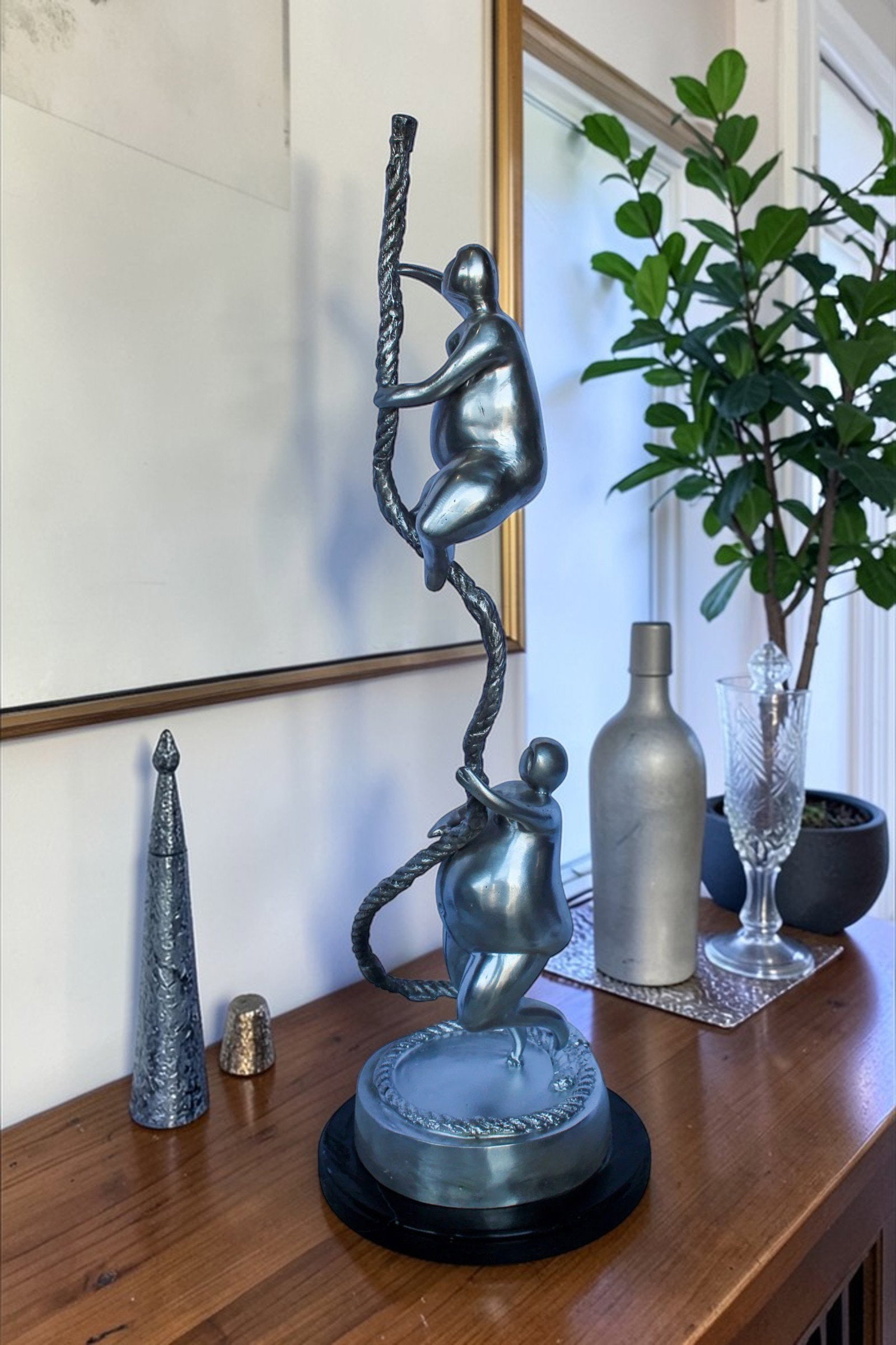 Two Voluptuous Women Climbing a Rope Statue, Silver Finish 10" x 10" x 29"H - 2