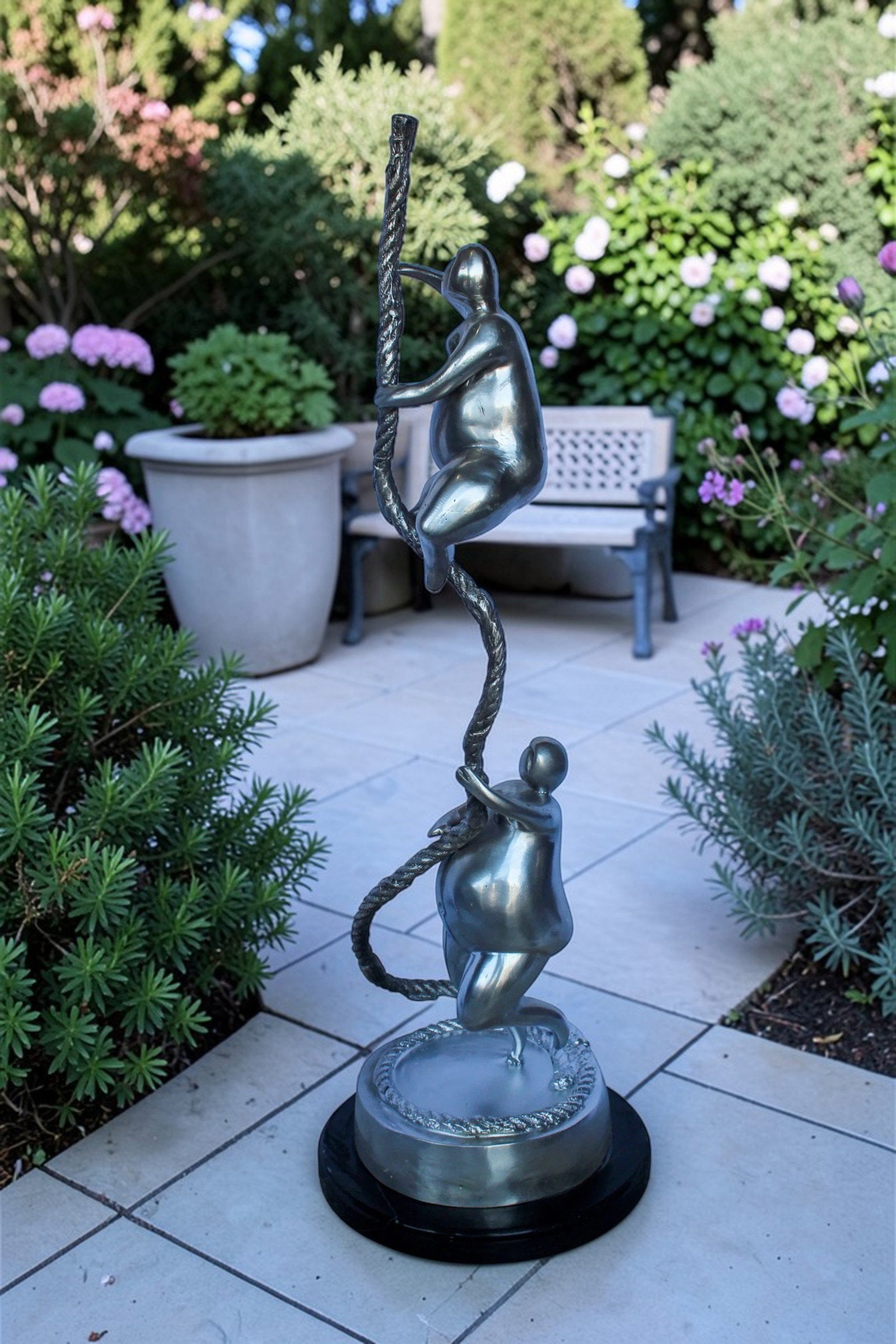 Two Voluptuous Women Climbing a Rope Statue, Silver Finish 10" x 10" x 29"H - 3
