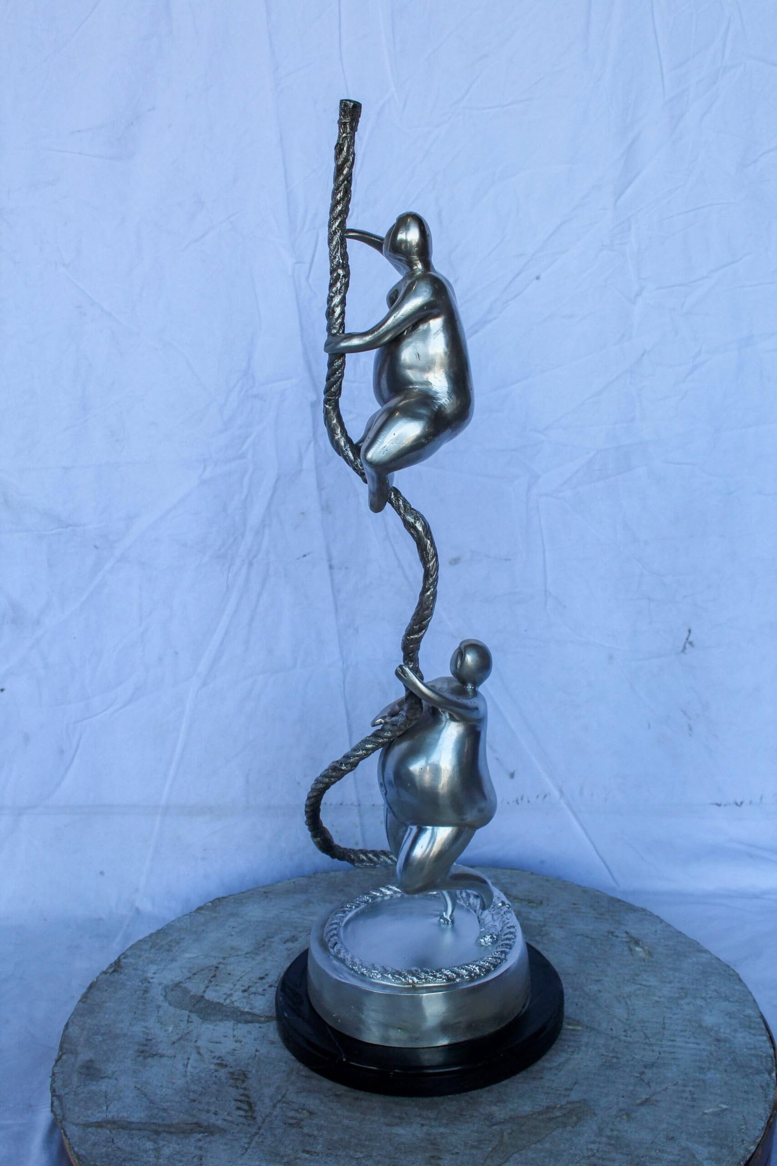 Two Voluptuous Women Climbing a Rope Statue, Silver Finish 10" x 10" x 29"H - 4