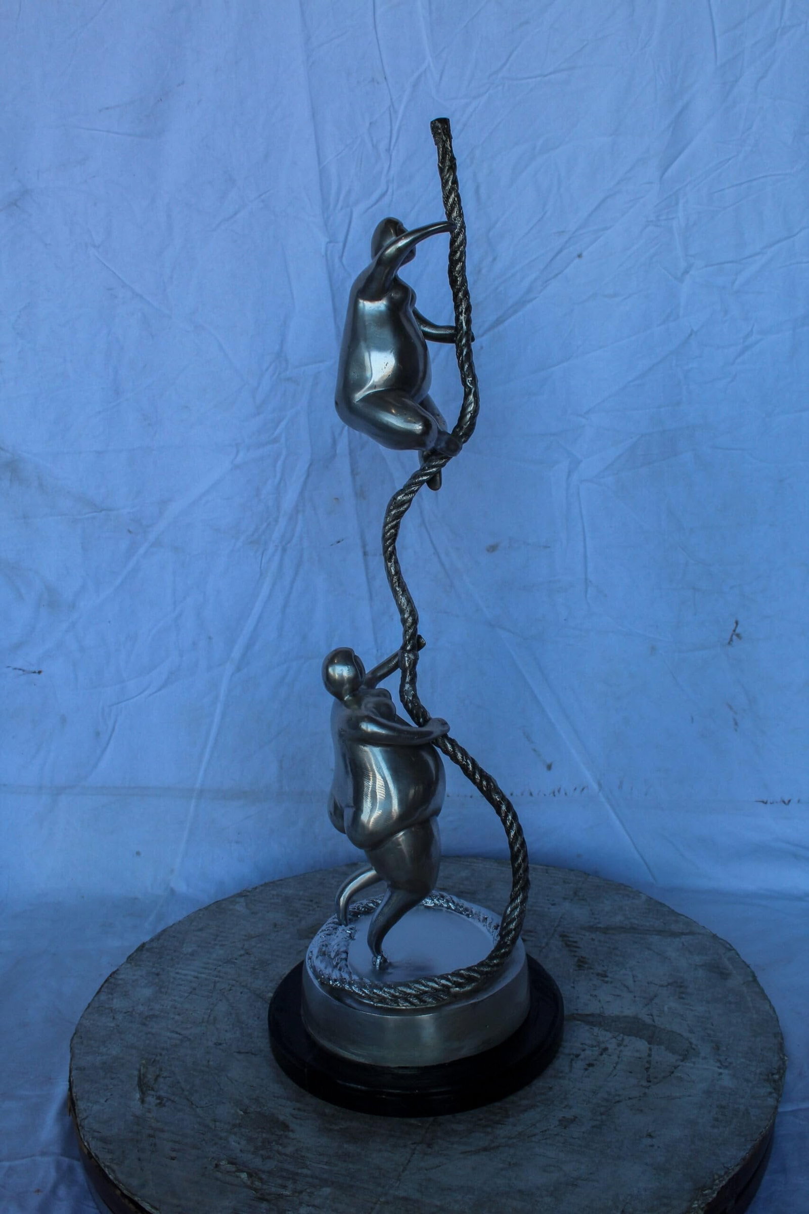Two Voluptuous Women Climbing a Rope Statue, Silver Finish 10" x 10" x 29"H - 7